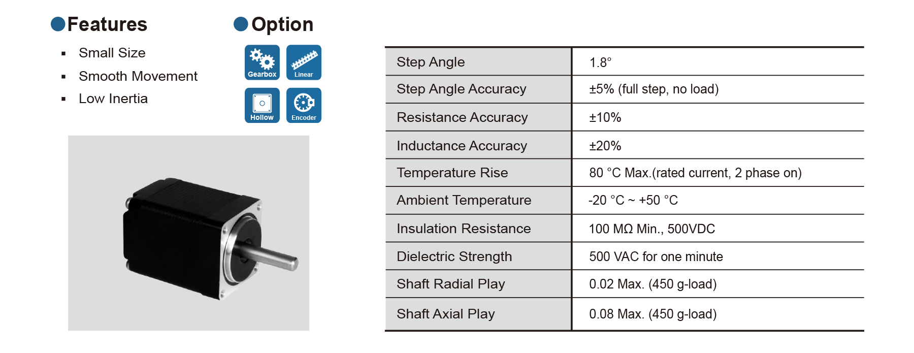 PHB20Y NEMA 8 1.8deg 2 phase mini stepper motor general specifications