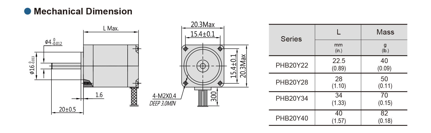 PHB20Y NEMA 8 1.8deg 2 phase mini stepper motor mechanical dimensions