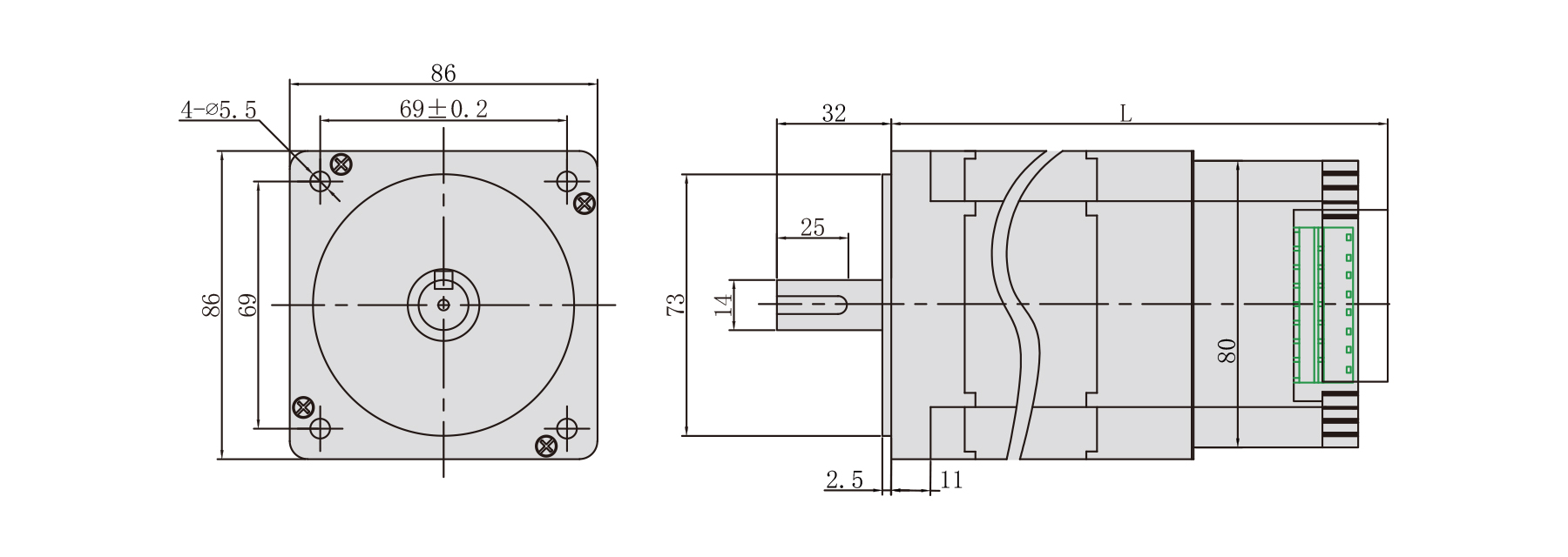 PBLT86 brushless dc motor with controller outline drawing