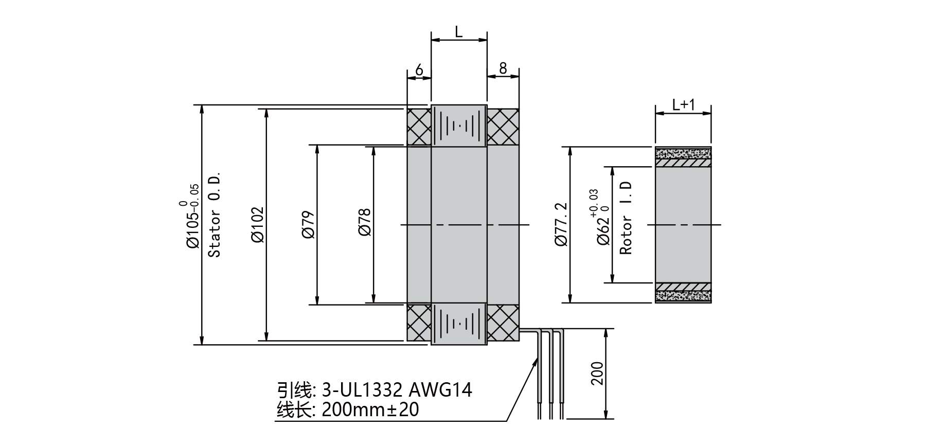 PBLR105FH O.D.105mm frameless brushless motor outline dimensions drawing
