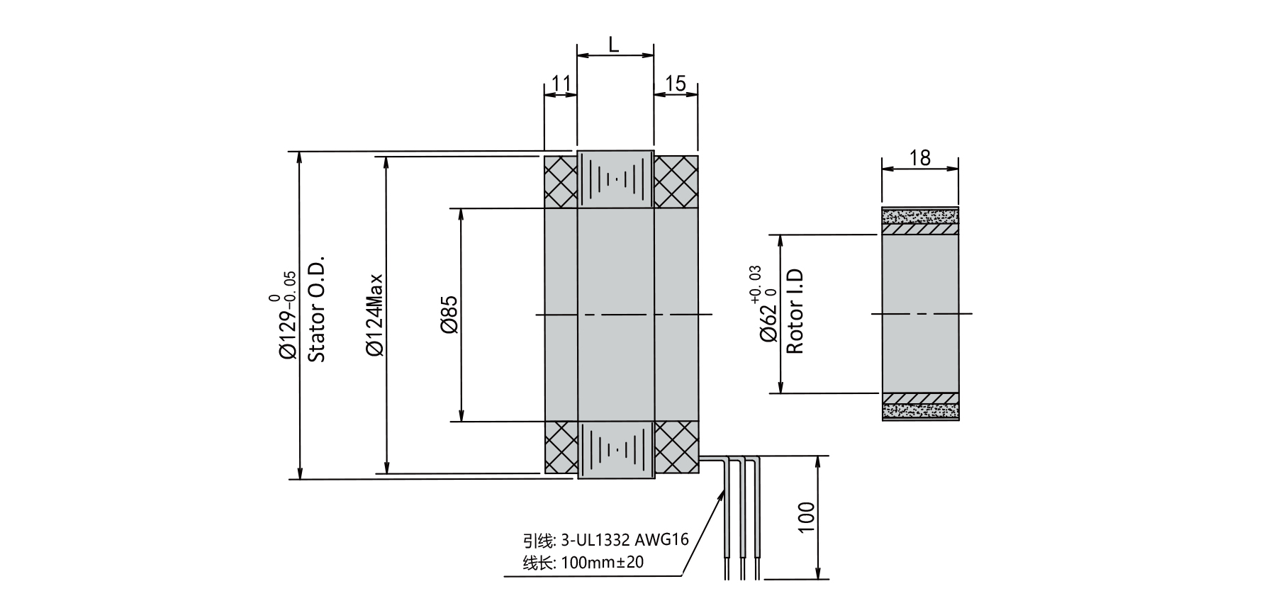 PBLR129FH O.D.129mm frameless brushless motor outline dimensions drawing