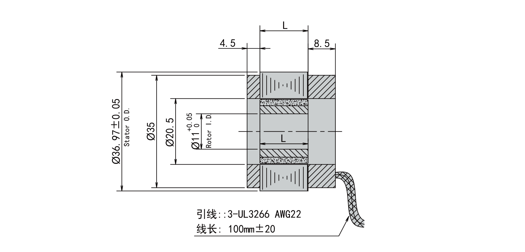 PBLR37FT O.D.37mm frameless brushless motor outline dimensions drawing