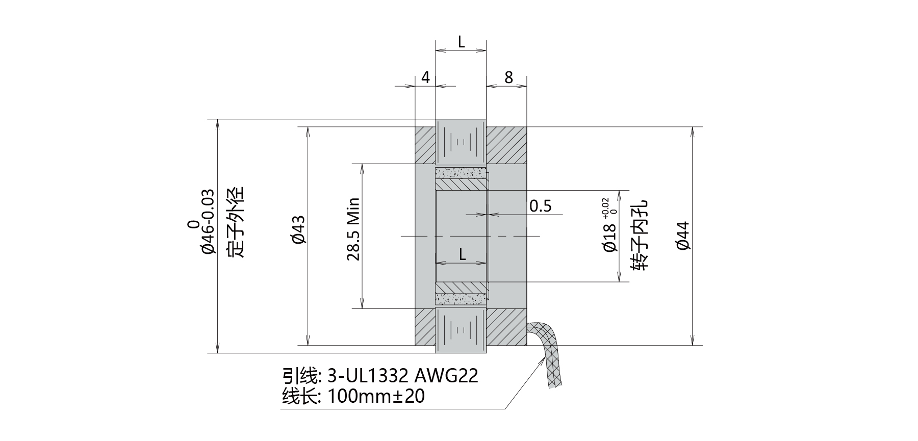 PBLR46FT O.D.46mm frameless brushless motor outline dimensions drawing