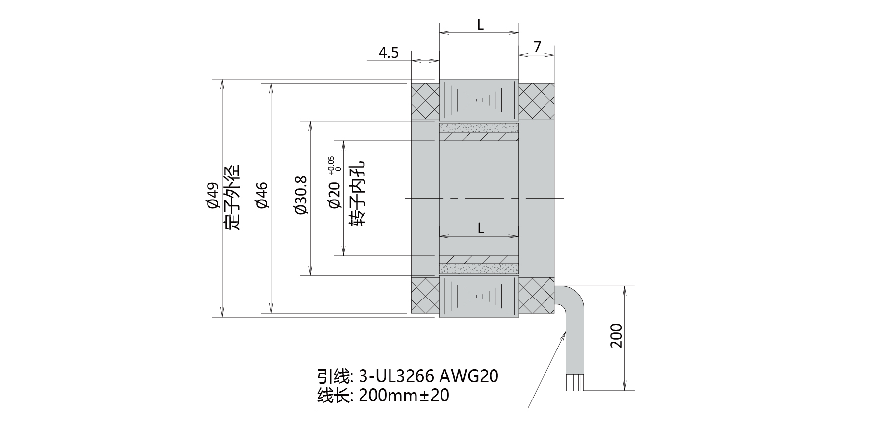PBLR49FT O.D.49mm frameless brushless motor outline dimensions drawing