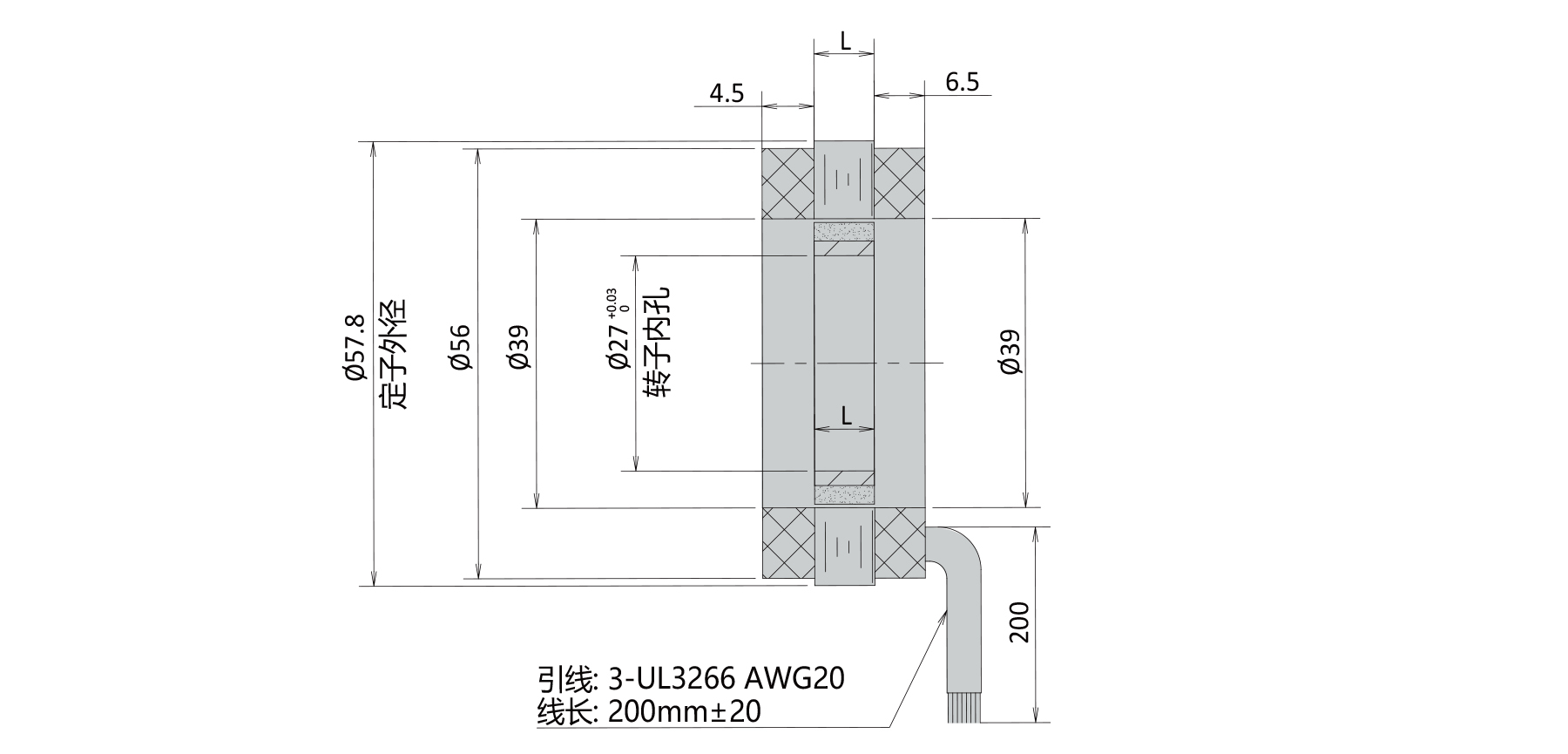PBLR58FH O.D.58mm frameless brushless motor outline dimensions drawing