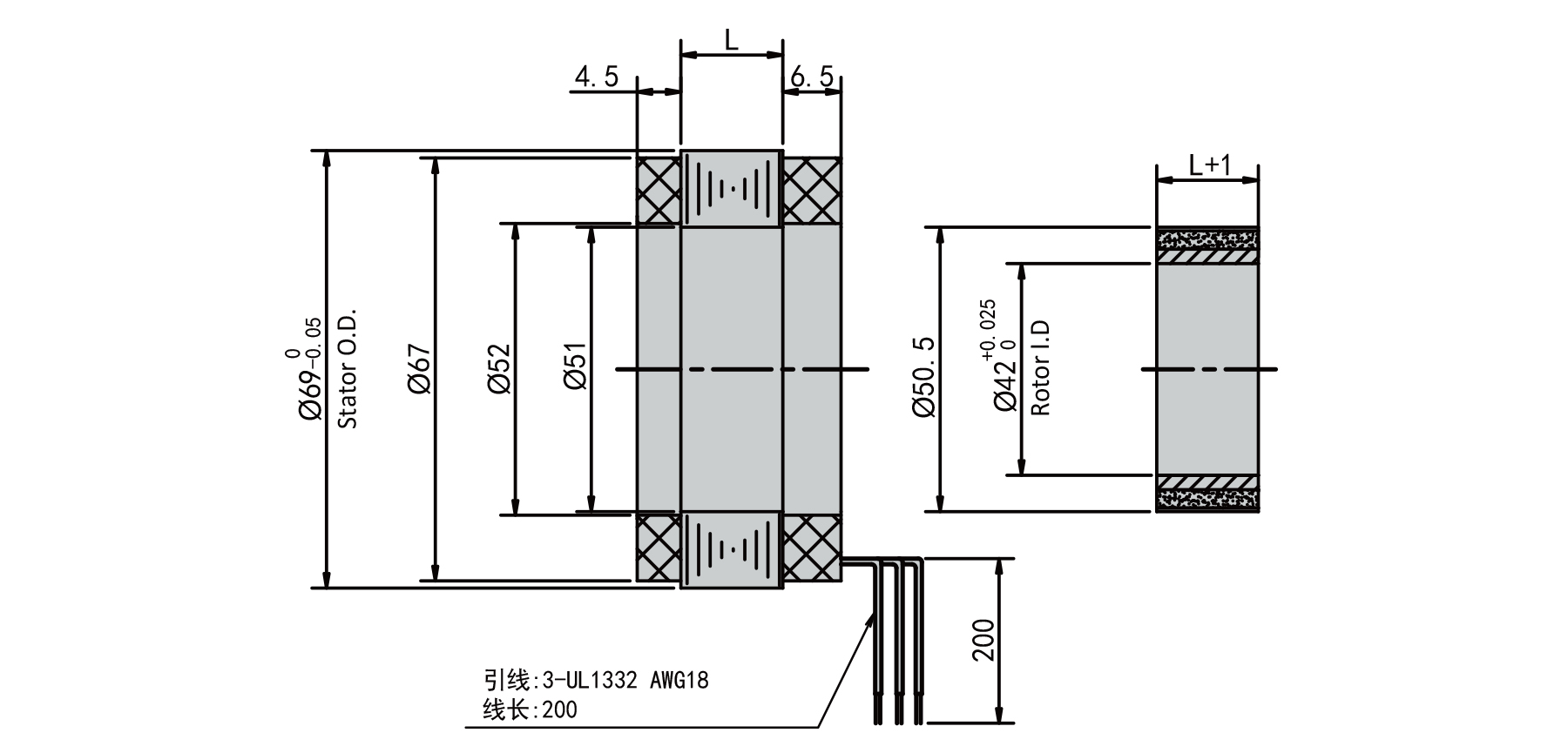 PBLR69FT O.D.69mm frameless brushless motor outline dimensions drawing